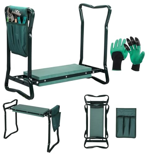 2 in 1 Heavy Duty Garden Kneeler Seat with Handles, Tool Pouch & Digging Gloves – Double Padded Foam Garden Kneeler Bench Stool for Senior Citizens Men & Women, Ideal for Gardening, Cleaning, Outdoor