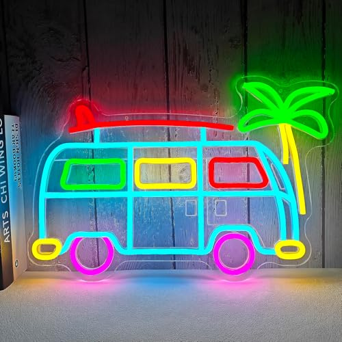 Vveikea Surf Van Insegna al Neon Campeggio Led Sign Dimmerabile Retro Bus Luci al Neon Viaggio Bus Light Up Cartello Palma Camera Decorazione Della Parete Auto Da Viaggio Regali Campeggio Decorazioni