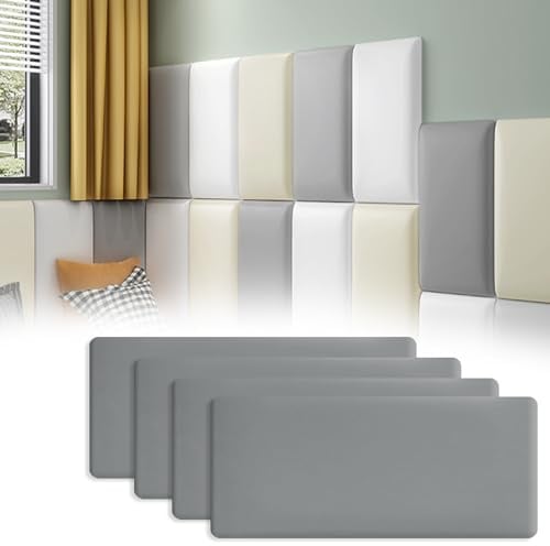 Tokenhigh Anti-Kollisions-Wandpolsterung, 40 x 20 cm, gepolsterte Wandpaneele, selbstklebendes Kopfteil aus PU-Leder, 3D-Wandkissen, stoßfestes Abziehen und Aufkleben (PU-Grau)