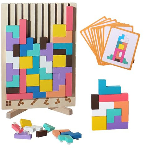 Tetris Holzpuzzle Kinder, Holz Tetris Stapelpuzzle Spielzeug mit 10 Karten, 3D Bunt Tetris Blöcke Stapelspiel mit Halterung, Montessori Spielzeug ab 3 Jahre, Geschenk für Jungen und Mädchen (A)