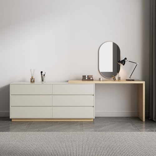 L-Shaped Corner Dressing Table 6 Drawer Beige Vanity Desk Extendable Desk | Flexible corner layout; six storage drawers; versatile vanity and workspace; space-saving design; easy organisation
