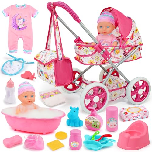 Baby Doll Stroller Set Toys for Girls Toddlers 3-5 4-6 5-7, Baby Doll Playset with 11 Doll, Bathtub and 20PCS Baby Doll Accessories, Baby Stroller Toys for 2 3 4 5 Year Old Girls Birthday Gifts
