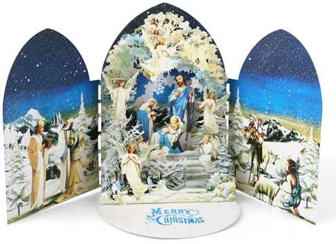 Penitue Weihnachts Pop up Karten, 3D Weihnachtskarten mit Umschlag Weihnachtsdeko mit Engel Lamm und Schnee für Schreibtisch und Bücherregal