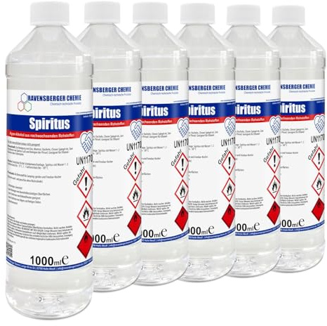 Ravensberger Chemie Spiritus Alkohollösung – Agrar-Alkohol aus nachwachsenden Rohstoffen, vielseitig einsetzbar als Reiniger, Frostschutz bis –30 °C & umweltfreundlicher Brennstoff (6x 1 Liter)