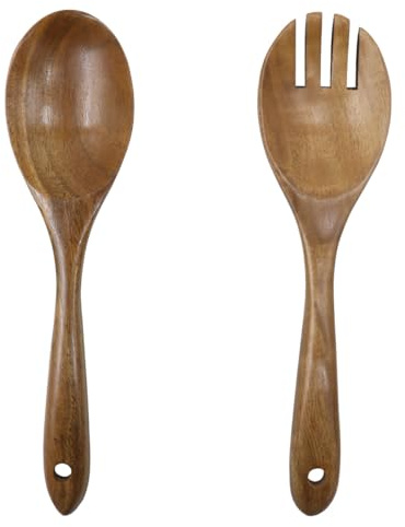 Ludom Set of 2 Wooden Salad Servers 26 cm Fork and Spoon Olive Wood for Salad Fruit Pasta
