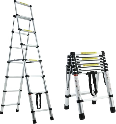 Aluminium 6+7 Step Ladder Foldable Telescopic Stepladder, Multi-purpose Ladders Exention Ladder with Anti Slip Feet, EN131 Safety, Portable & Lightweight, Silver