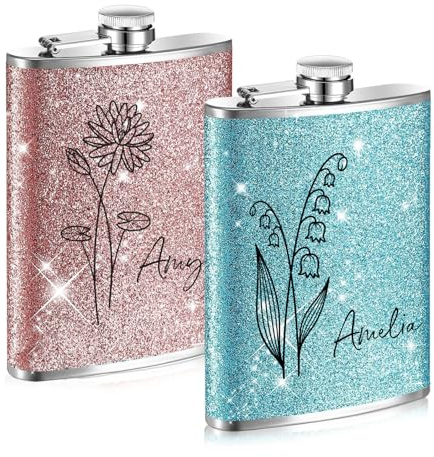 Personalised Birth Flower Hip Flask for Women, Pink Sparkling Stainless Steel Camping Pocket Decorative Bottle, Custom Name Birthday Party Weddin Camping Gift for Mom Girlfriend Wife Daughter