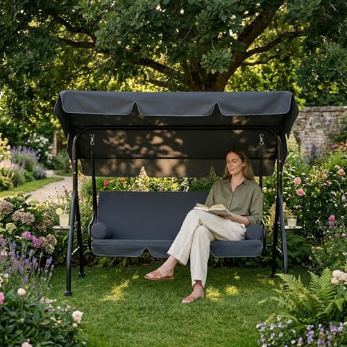 UISEBRT 3-Sitzer Hollywoodschaukel mit Liegefunktion,Gartenschaukel mit Verstellbare Sonnendach,2 Kissen, 2 Tabletts,Outdoor Schaukelbank bis 350kg belastbar für Garten, Pool, Terrasse,Grau