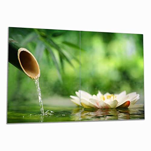 Wallario Herdabdeckplatte/Spritzschutz aus Glas, 2-teilig, 80x52cm, für Ceran- und Induktionsherde, Seerosen und Bambus auf dem Wasser