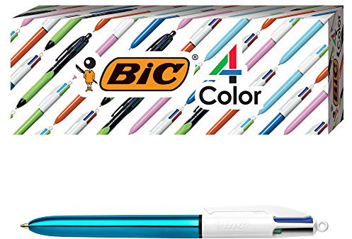BIC - Bolígrafos con agarre de 4 colores, cuerpo azul, punta media (1 mm), tintas surtidos