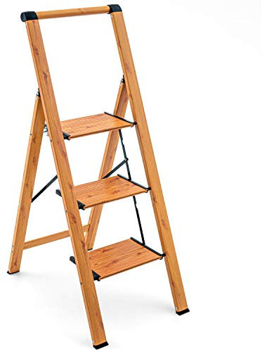 Tatkraft Up Trittleiter 3 Stufen, Leiter Haushalt Stabil Bis 150 KG, Aluminium, Klapptritt, Anti-Rutsch, Skandinavischer Holz Look