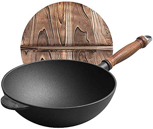 Wok en fonte de 26 cm avec poignée, sans doublure, cache-pot en bois