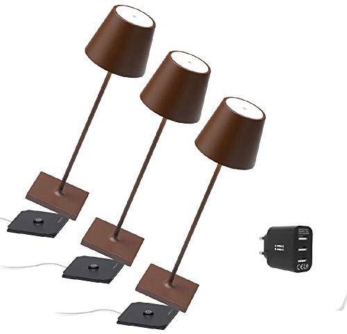 [Amazon Exclusive] Zafferano Kit 3x Poldina Pro Kabellose LED-Tischlampe Wiederaufladbar Touch-Dimmer - IP65 Innen/Außeneinsatz, Aluminium, H38cm mit Mehrfach-USB-Ladegerät, Corten