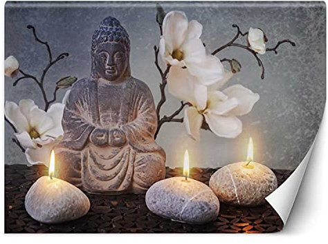 Feeby Papier Peint Intisse Statue Zen De Bouddha Fleurs 250x175 cm gris XXL Photo Mural Muraux Tapisserie Bougies Zen Méditation