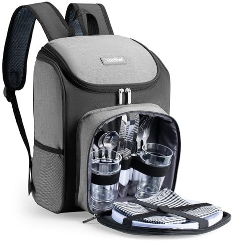 VonShef Picnic Backpack, 4 Person Grey Picnic Hamper with Dining & Cutlery Set & Cooler Compartment, Lightweight Water Resistant Cool Bag, Insulated Camping Accessories