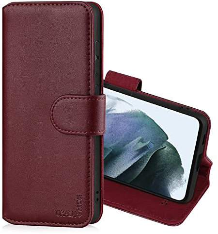 CHALK & HIDE - Real Leather Book Wallet Flip Case Cover For Samsung Galaxy S21 FE (Fan Edition), Real Leather Design With Card Slot, Magnetic Closure and Built In Stand - Burgundy