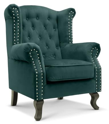 Chesterfield Wingback Fireside Bottle Green Velvet Chair - High Backed & Seat, Soft Comfy Fabric, Sturdy Queen Anne Winged Accent Armchairs for Living Room Conservatory Bedroom Reading Chairs