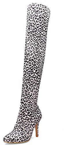 MJIASIAWA Donna Sopra Il Ginocchio Inverno Appuntito Tacco A Spillo Stivali Stretch Vestito Senza Chiusura Serata Thigh Leopard Boots Bianco Numero 34 EU