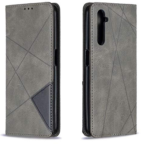 Posanter Funda para OPPO Realme 6 / OPPO Realme 6S, PU Cuero Flip Carcasa Fundas Móvil de Tapa Libro con Cierre Magnético, Tarjetero y Suporte, Capa Plegable Cartera, Flip Phone Cover Case (Gris)