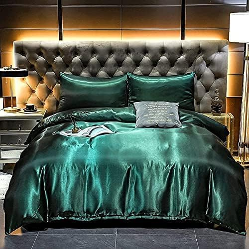 Homewish Hotel Green Duvet Cover Set King Silk Like Satin Bedding Set Summer Reversible Comforter Cover Honeymoon Sexy Luxury Soft Lightweight Brushed Bedspread Cover For Farmhouse Bedroom Decor