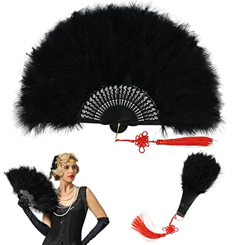 Soekodu 1920er Federfächer, Faltbarer Marabu Federfächer Flapper Handfächer für Kostüm Vintage Hochzeit Gatsby Party Tanzfächer (Schwarz)