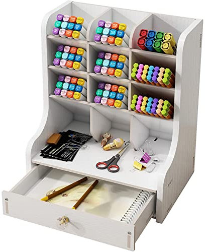 Mnkyer Hölzerner Schreibtischorganisator Multifunktionale Desktop Schreibwaren Stifthalterbox für das Home Office School Supply-Lagerregal mit Schublade (Weiß)