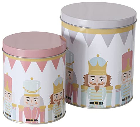 MamboCat 2tlg Set Gebäckdosen Archie I Ø 11cm & 13,5cm I winterliches Nussknacker-Dekor I runde Plätzchen-Dose, Vorratsdose, Metall-Box, Geschenkdosen I Weihnachts-Bäckerei, Advents-Kekse