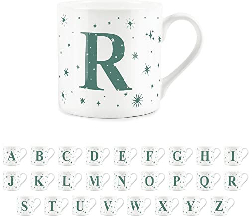 Purely Home Letter R Star Mug - Bone China White Coffee/Tea Present Gift - Alphabet Letter Mug with Stars in Teal Green Blue