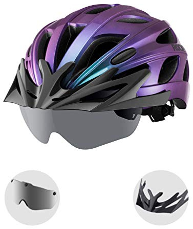 ROCKBROS Bike Helmet for Adult Men Women with Suggested Fit 58-62cm, Removable Goggles & Sun Visor, Lightweight with Adjustable Side and Chin Strap, Suitable for Myopia Glasses