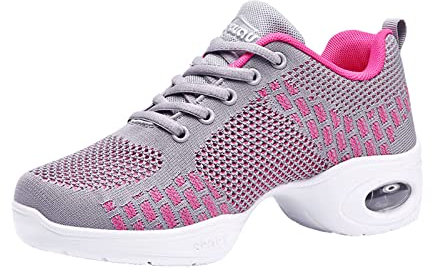 Damen Mesh Geteilte Sohle Jazzschuhe Lace Up Tanzschuhe Modern Tanzsneaker Atmungsaktiv Straßenschuhe Fitness Wanderschuhe Grey Pink 38