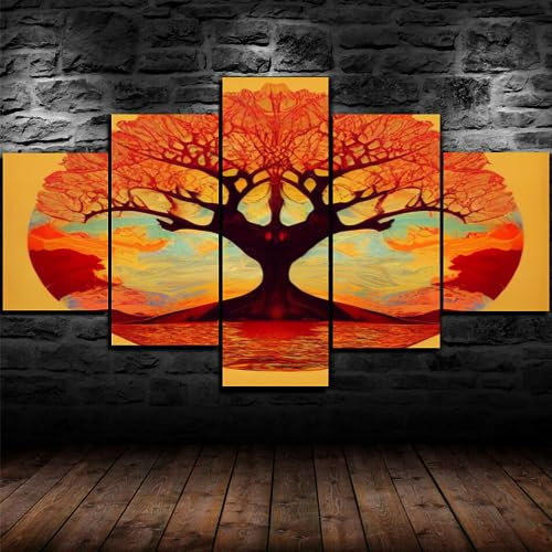 Stampe E Quadri su Tela 5 Pezzi Tela Wall Art Paesaggio naturale Quadri Moderni Stampa di Immagini,3d con cornice,5 Pezzo Stampe su Canvas albero della vita,Decorazioni per la casa 200x100cm