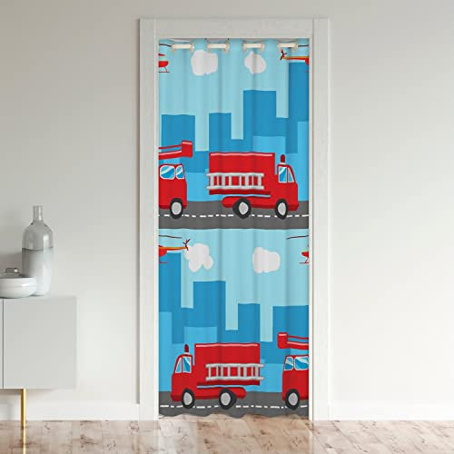 Kinder Feuer LKW Türvorhang 132x203cm für Tür Privatsphäre Auto Schrank Vorhang für Innentür Raumteiler Feuerwehrmann Zimmer Divider Vorhang Abdeckung Feuerwehrleute Auto Fahrzeug Rot Blau Vorhang