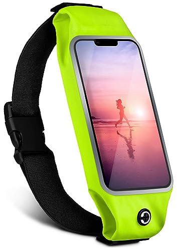 moex Laufgürtel Handy für Apple iPhone 15 Pro Max Lauftasche Jogging Tasche Wasserfest, Slim Running Belt Flexibel mit Sichtfenster, Laufgurt zum Joggen Bauchtasche Sport, Neon-Grün