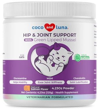 Hip and Joint Supplement for Cats - Glucosamine Powder with Green Lipped Mussel, MSM, Chondroitin, and Vitamin E - 4.23oz/120g