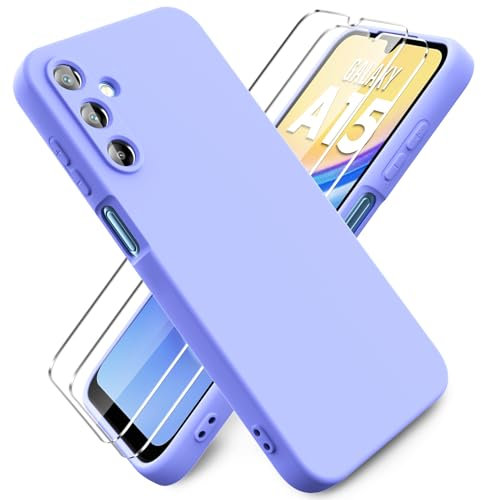 Ikziwreo - Coque pour Samsung Galaxy A15 4G/5G, avec 2 Pièces Protecteur D'écran en Verre Trempé, Housse Silicone Souple Ultra-Mince de Couleur Pure, Coque en Caoutchouc Antichoc - Violet