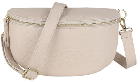 MIRROSI® Bauchtasche Damen, Made in Italy, Echtleder Umhängetasche Echtes Leder, Brusttasche, Crossbody Bag aus Echtem Leder, in 3 Größen erhältlich (Beige Goldner Reißverschluss) (Gr.L)