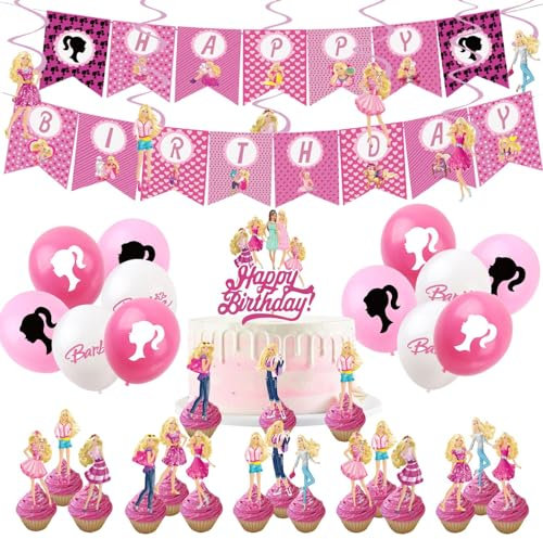 44Pcs Bar-bie Girl Birthday Decorations for Girls Home Hot Pink Bar-bie Party Balloons,Happy Birthday Banner Bunting,Cake Toppers,Hanging Swirls for Kids Baby Shower Cartoon Theme Party Supplies