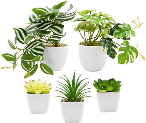 Esoes 5 unidades de mini plantas artificiales, plantas artificiales con maceta, plantas artificiales de plástico, plantas falsas de plástico para salón, cocina, baño, hogar, oficina
