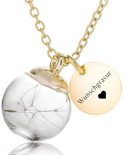 Kette mit echten Pusteblumen I Personalisierte Gravur I Echte Blüten I Geschenk für Sie I Mutter Tochter Blume Kette Name Geschenk Mama Geburtstag Initialen - Halskette in Gold, Silber oder Rosé Gold