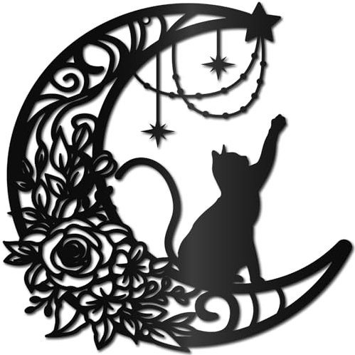 CREATCABIN Schwarze Katze Mond Metall Wandkunst Dekor Eisen Wandkunst Schwarze Hohle Rose Skulptur Hängedekoration Rustikale Metallkatze Wanddekoration Schild Für Katzenliebhaber Drinnen 30x30cm