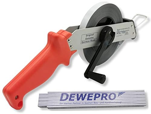 Richter Stahlbandmaß Bandmaß 13mm breit mit Leichtmetallrahmen - Länge: 20m - Maßanfang B - weiß lackiert mit cm-Teilung - Stahlbandmaß 412W-SR20-B, im Set inkl. 1 St. DEWEPRO® Zollstock 2m