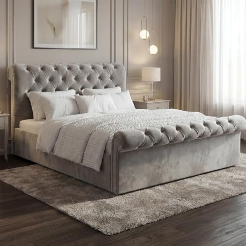 Blisswood Ottoman Storage Bed With Gas Lift Side Opening Wooden Slats, Ottoman Small Double Bed Frame, Upholstered Gas Lift Up Bed Frame With Storage, (4ft Grey, No Mattress Included)