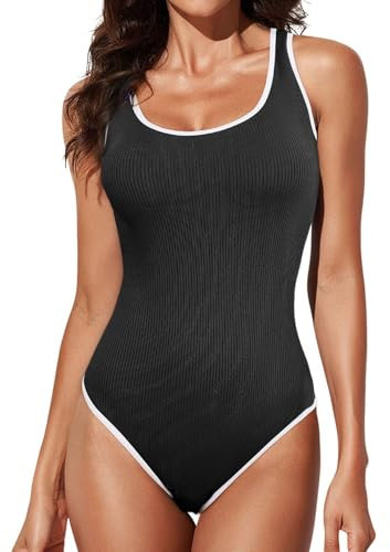 Aleumdr Einteiler Badeanzug Damen Sport Bademode Bauchweg Farbblock Schwimmanzug Swimsuits Schwarz Größe X-Large
