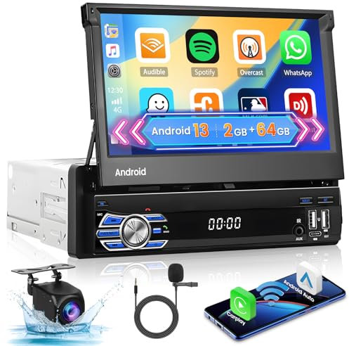 [2+64GB] Hikity Android Radio para Coche 1 DIN con Carplay Wireless Android Auto Radio Coche con Tantalla Táctil Abatible 7 Pulgadas GPS Navi WiFi Bluetooth FM RDS Mirror Link Cámara Trasera