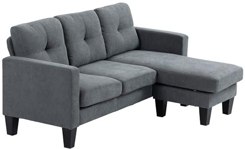 HOMCOM Canapé d'angle 3 Places méridienne réversible Droite ou Gauche, Grand Confort, Gris, Salon, Dossier capitonné