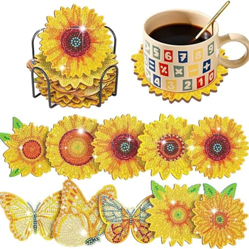 Diamond Painting Untersetzer Mit Halter, 5D Diamant rutschfest Tassenuntersetzer, Diamond Painting Erwachsene Art Untersetzer für Tassen, Weingläser, Vasen (02-10stuck Sonnenblume)