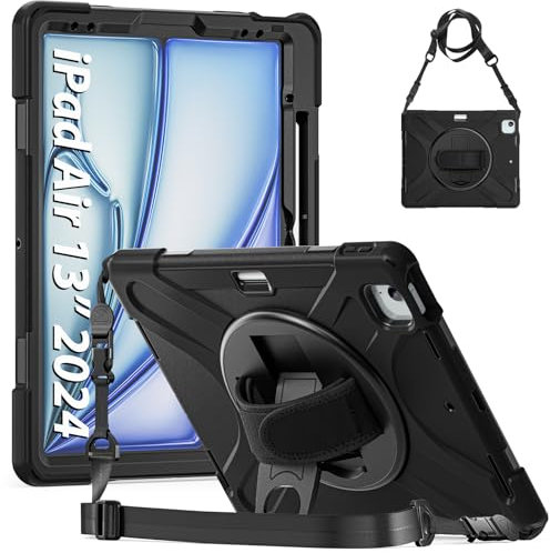 Gerutek Cover per iPad Air 13 Pollici (M3/M2-2025/2024) / iPad Pro 12.9 (6/5/4/3 Gen), Custodia Silicone Antiurto con Supporto Rotante 360/Cinghia a Mano/Spalla/Portapenne per iPad Air 13 M2, Nero
