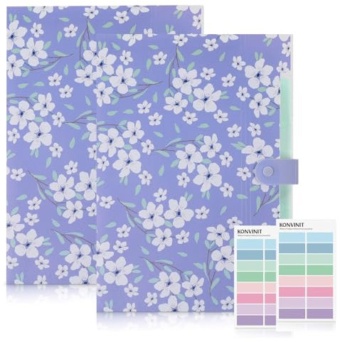 KONVINIT Dokumentenmappe A4 Fächermappe Plastik appen Ordnersystem,Ordnungsmappe 6 Tasche Floral Dokumente Organizer Mappe mit Schnalle a4 Mappe mit Fächern,violett,2 Stücke