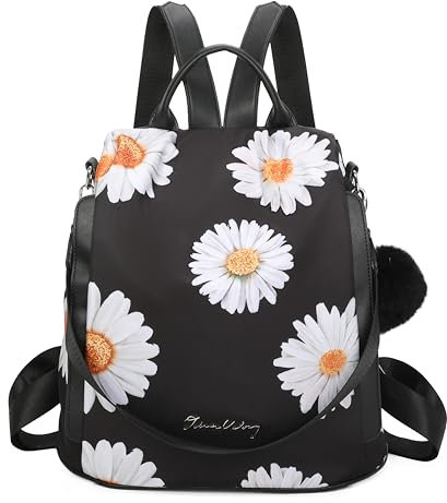 OLIVIA WONG Mochila antirrobo Impermeable para mujer (13L)| Mochila Convertible en bolso con pompom y Asa desmontable de adorno - Negro Margaritas