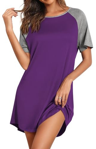 Ekouaer Camiseta de Dormir para Mujer Camisón de Manga Corta con Cuello Redondo Vestidos de Casa Camisón,Violeta,M